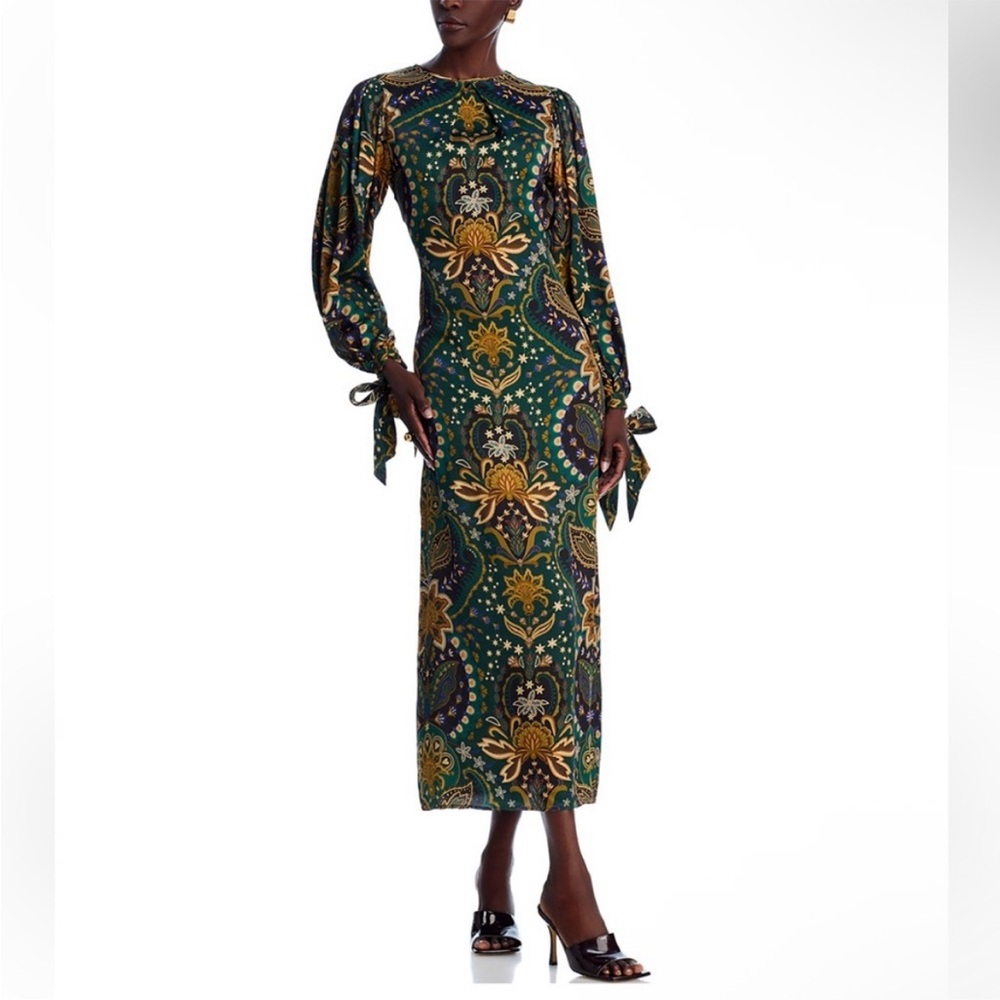 Green Paisley-Print Long Sleeve Midi Dress